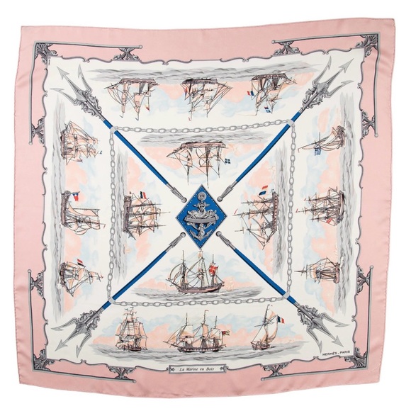 Hermes Accessories - HERMES Never Worn Vintage “The Wooden Marine” Pink Carre‎ 90 Silk Twill Scarf